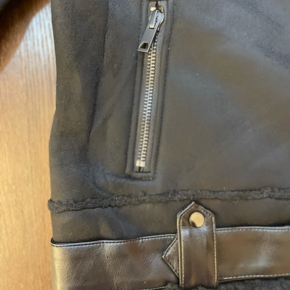 BLACK FAUX FUR SUEDE MOTO JACKET BIKER COAT - Picture 12 of 15